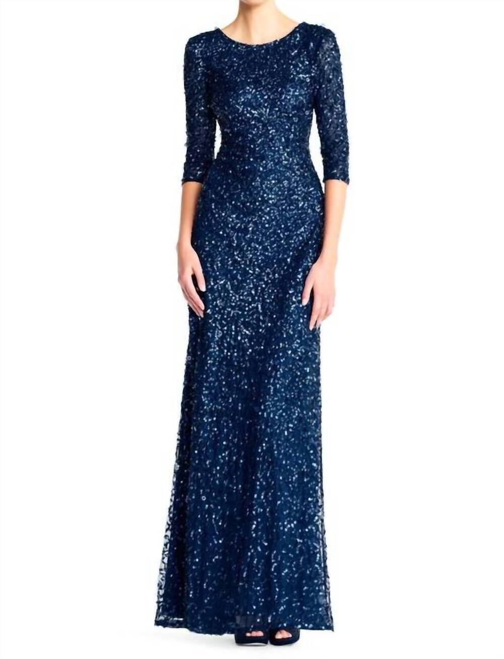 NEW ADRIANNA PAPELL scoop neck floor-length sequined evening gown in deep blue